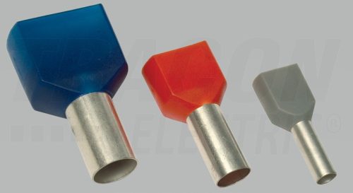 Szigetelt (PA6.6) iker-érvéghüvely, ónoz. elektr.réz, piros 2×1,5mm2, L=8mm