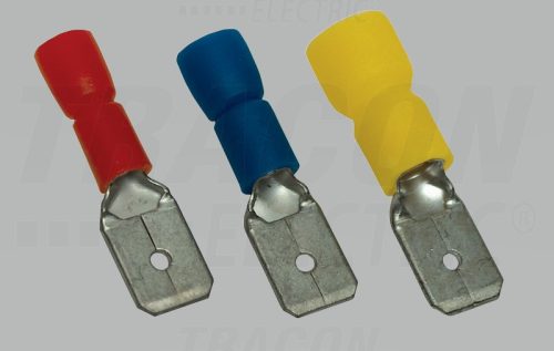 Szigetelt rátolható csatlakozó csap, sárgaréz, piros 6,3×0,8mm, 1,5mm2