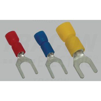   Szigetelt villás saru, ónozott elektrolitréz, piros 1,5mm2, M5, (d1=1,7mm, d2=5,3mm), PVC