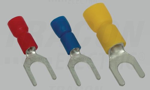 Szigetelt villás saru, ónozott elektrolitréz, sárga 6mm2, M4, (d1=3,4mm, d2=4,3mm), PVC
